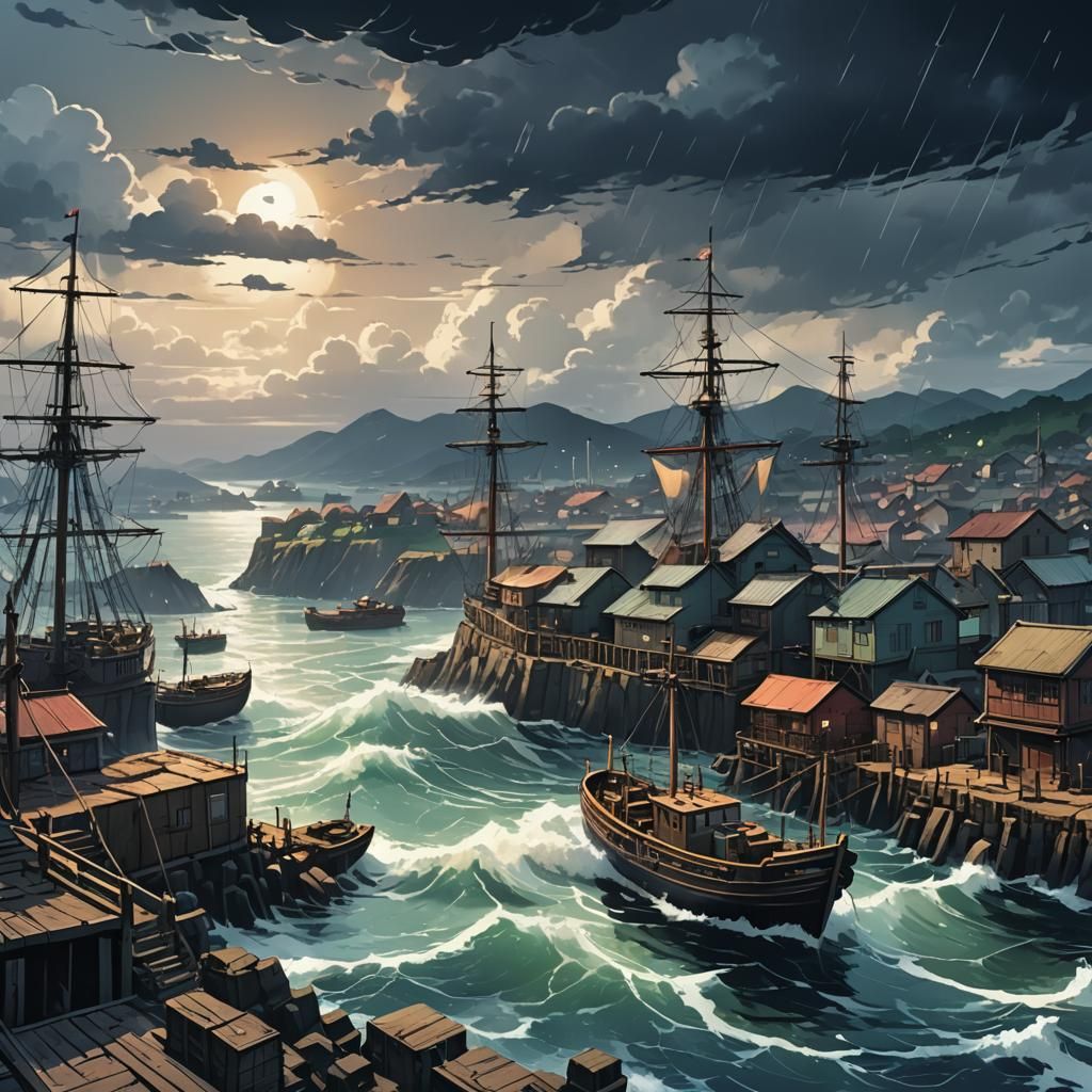 Stormy Harbor Scene in Anime Style