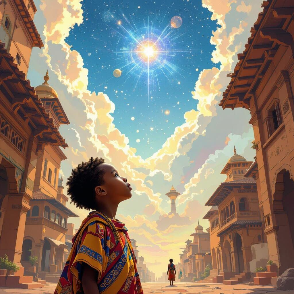 African Boy Gazes at Celestial Buildings in Open Heaven