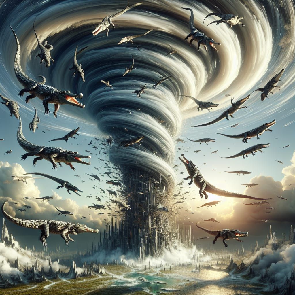 Tornado of Crocodiles in a Maximalist Digital Painting