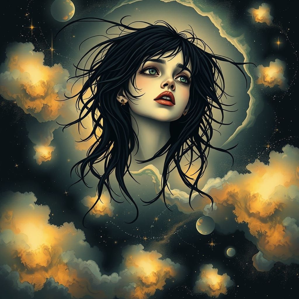 Melancholic Emo Girl in Cosmic Dreamscape