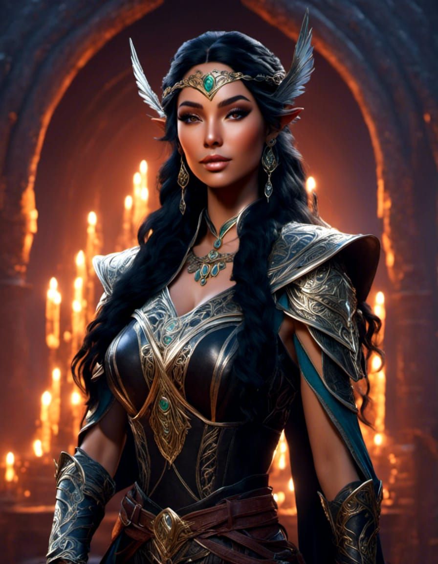 <lora:5E:1.0> <lora:Absolute Beauty:1.0> black hair Female Elven priestess Unreal Engine 5