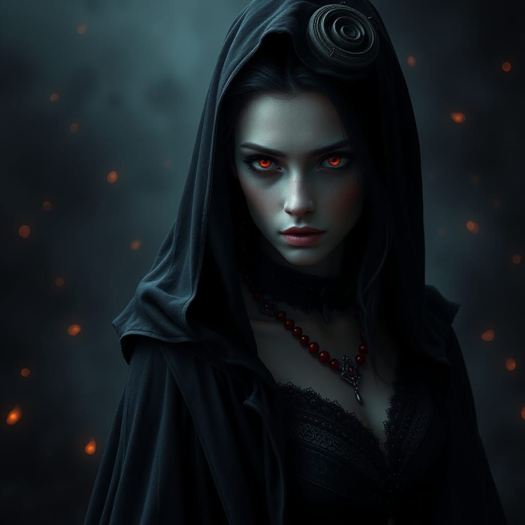 Mysterious Witch with Crimson Eyes in Dark Fantasy Style