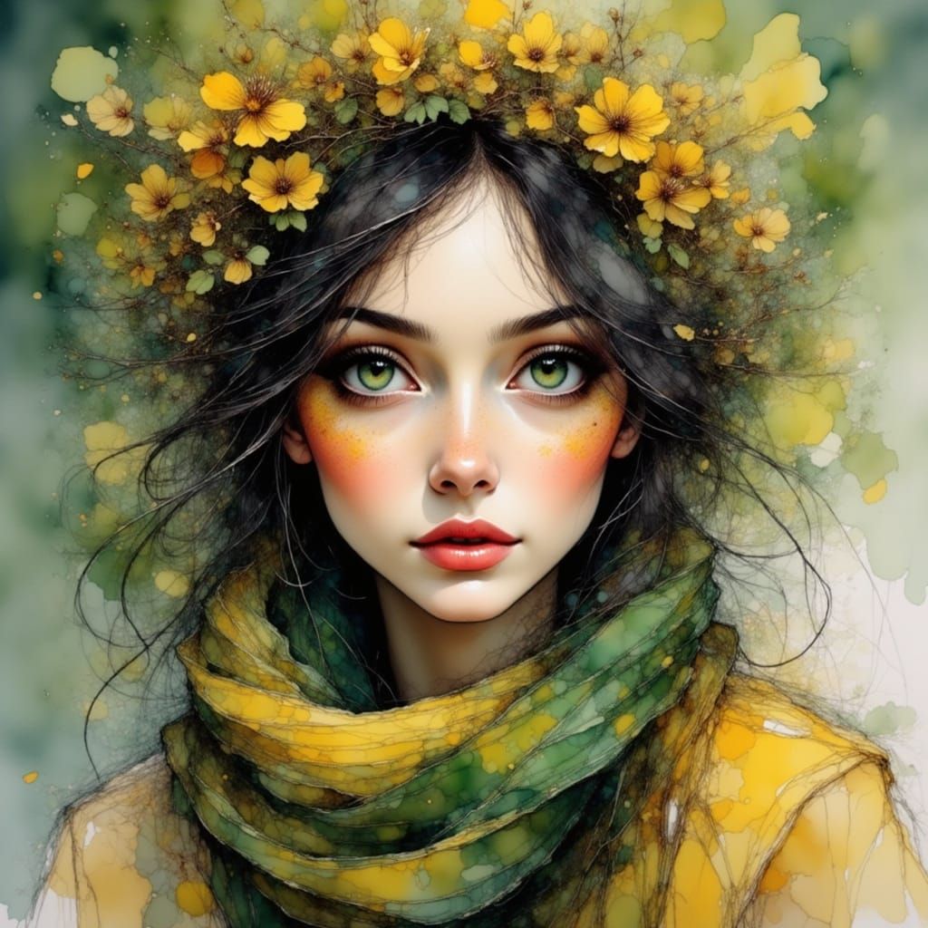 Woman in Winter Scarf: Green and Yellow Palette