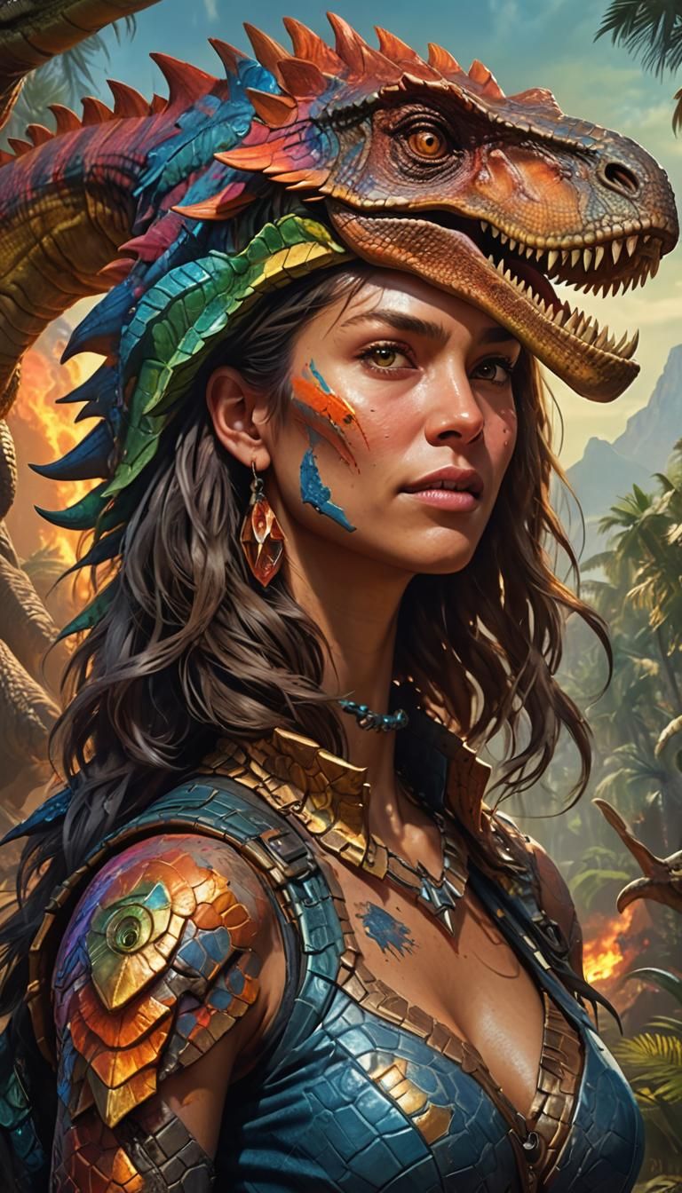 Dinosaur-Woman Hybrid Portrait in Art Nouveau Style