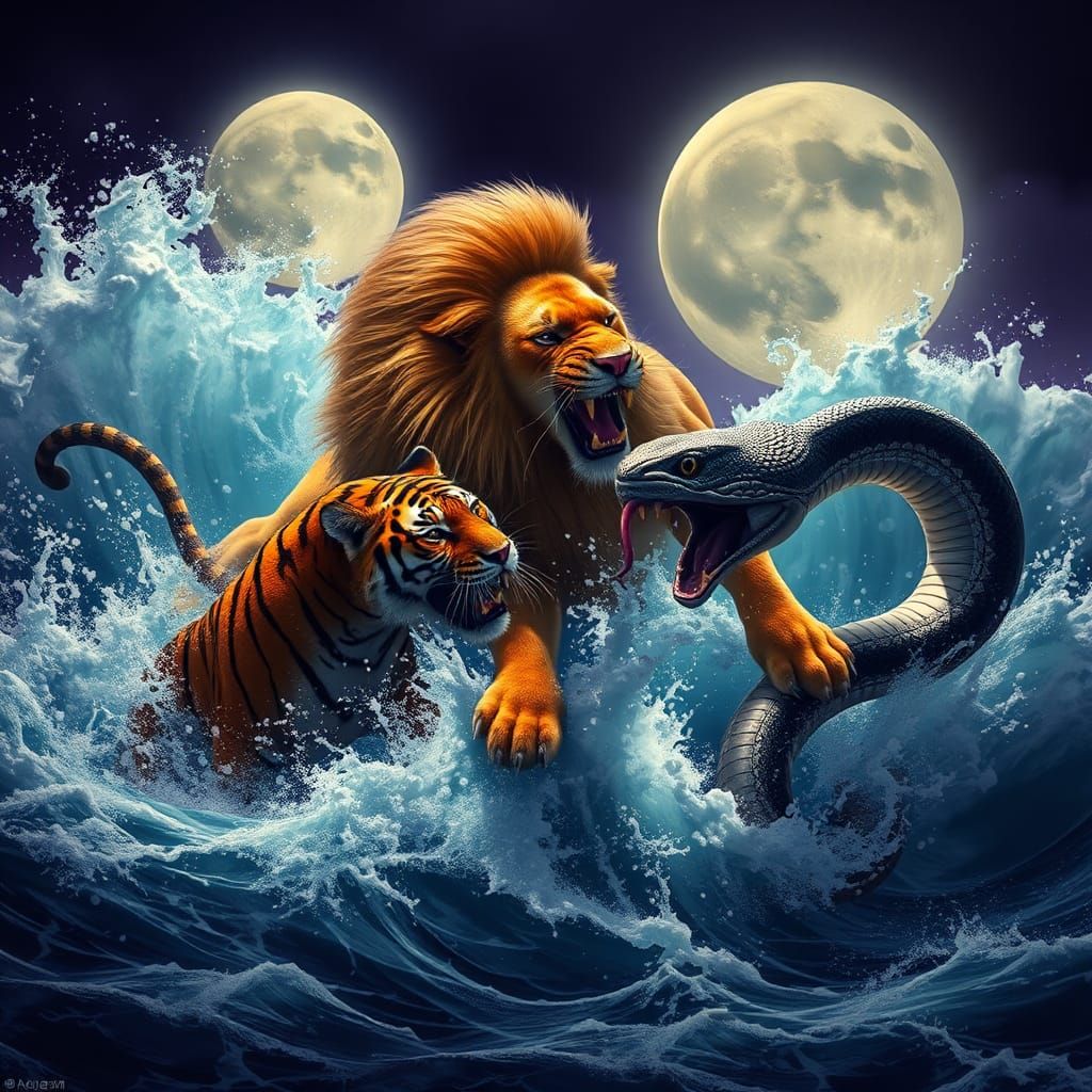 Epic Battle: Lion, Tiger, and Snake on the Ocean