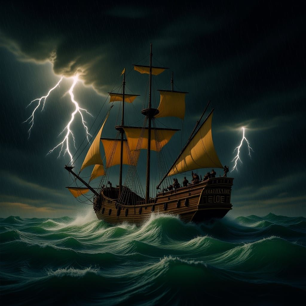 Epic Galleon Battles Stormy Seas in Cinematic Photo