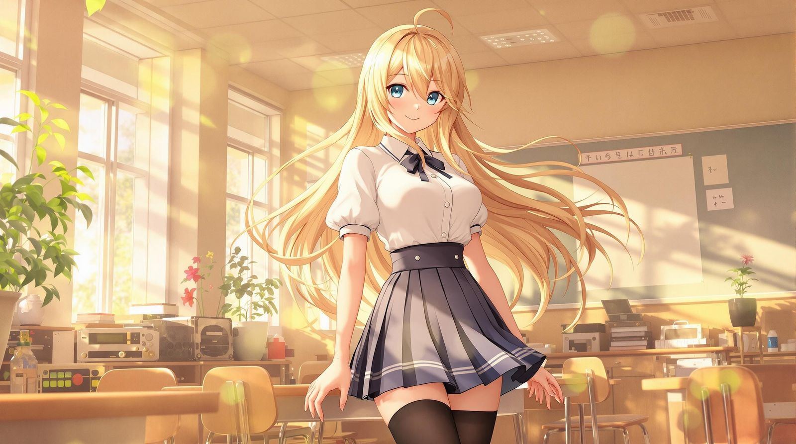 Radiant Anime Schoolgirl in Morning Classroom