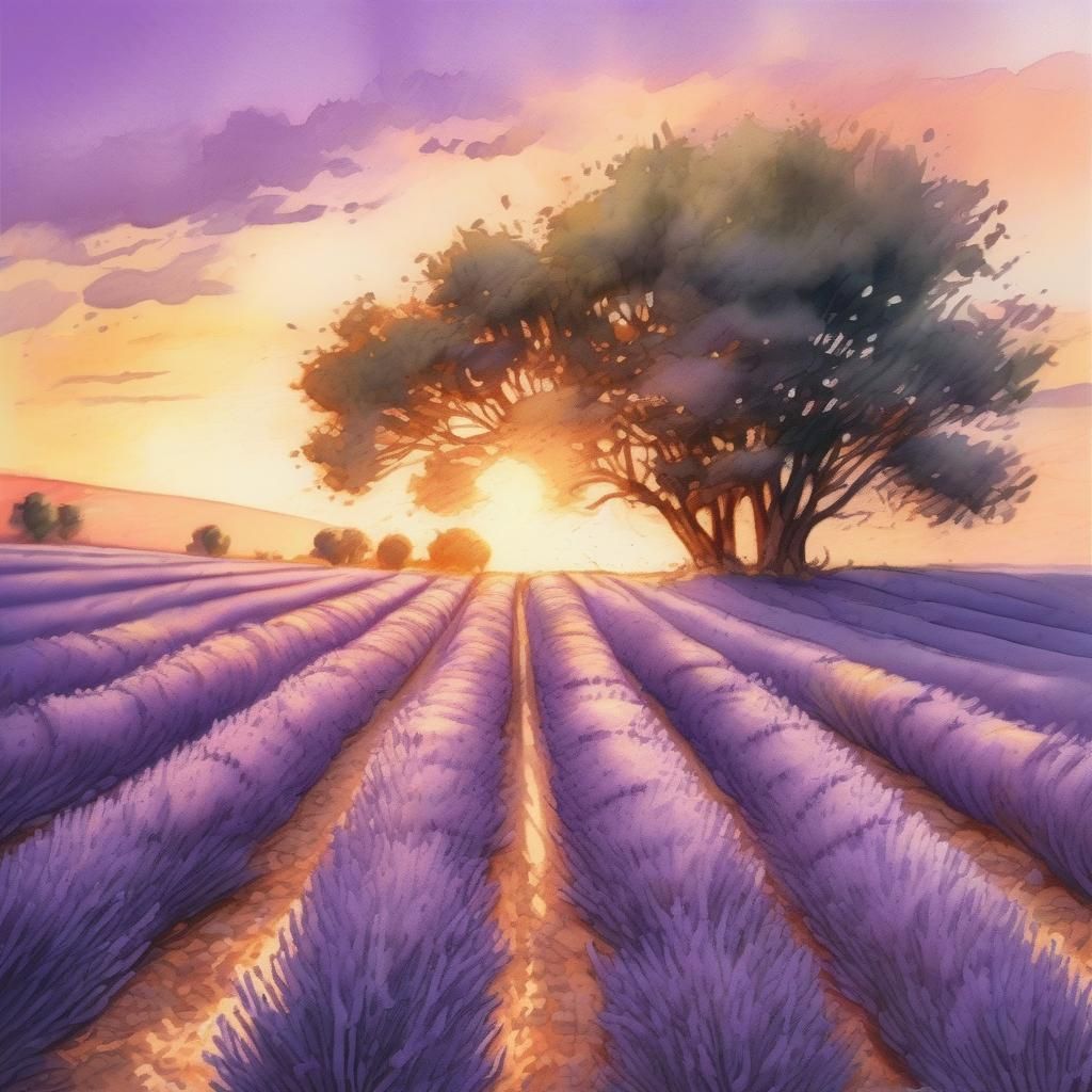 Romantic Sunset Lavender Field in Watercolor