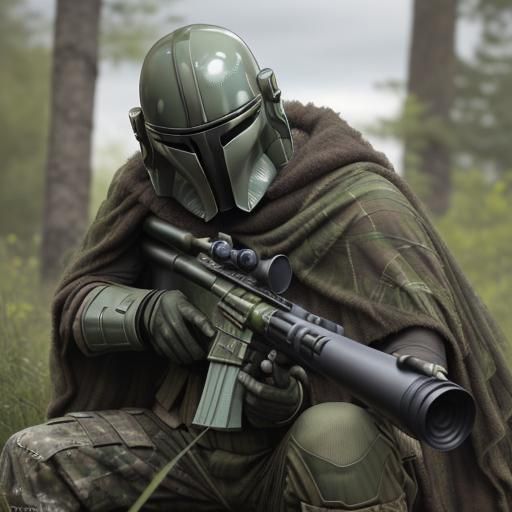 Camouflaged Mandalorian Sniper in Ghillie Suit