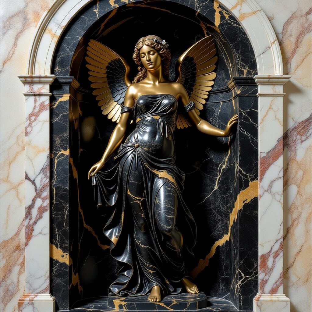 Gold-Veined Nymph Statue in Oil Painting Style