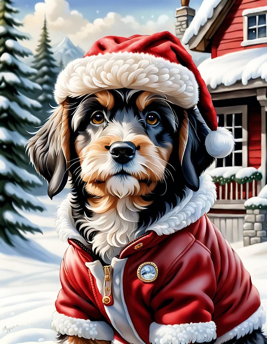 Festive Berne-doodle Dog Portrait in Winter Snow