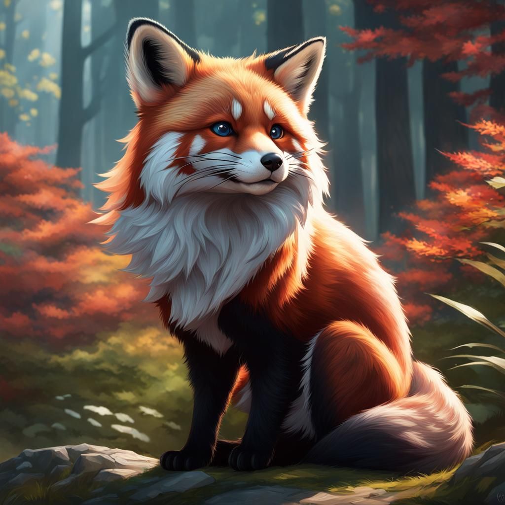 Fluffy Red Fox and Red Panda Hybrid Portrait