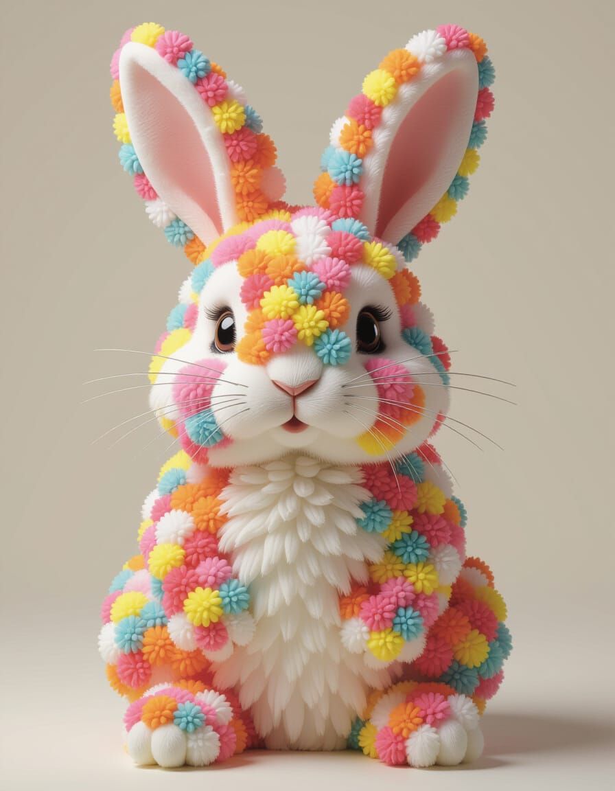 Colorful Pom Pom Bunny Rabbit: Hyperrealistic Art