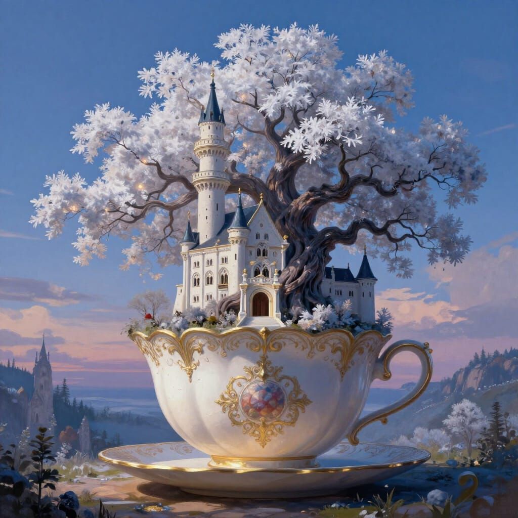 Fantasy Castle on Teacup with Frosted Tree