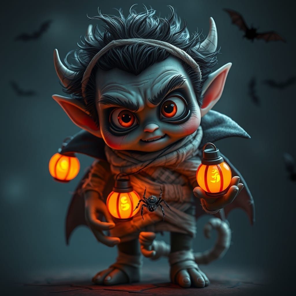 Adorable Vampire Monster with Halloween Lanterns, as 3D Art