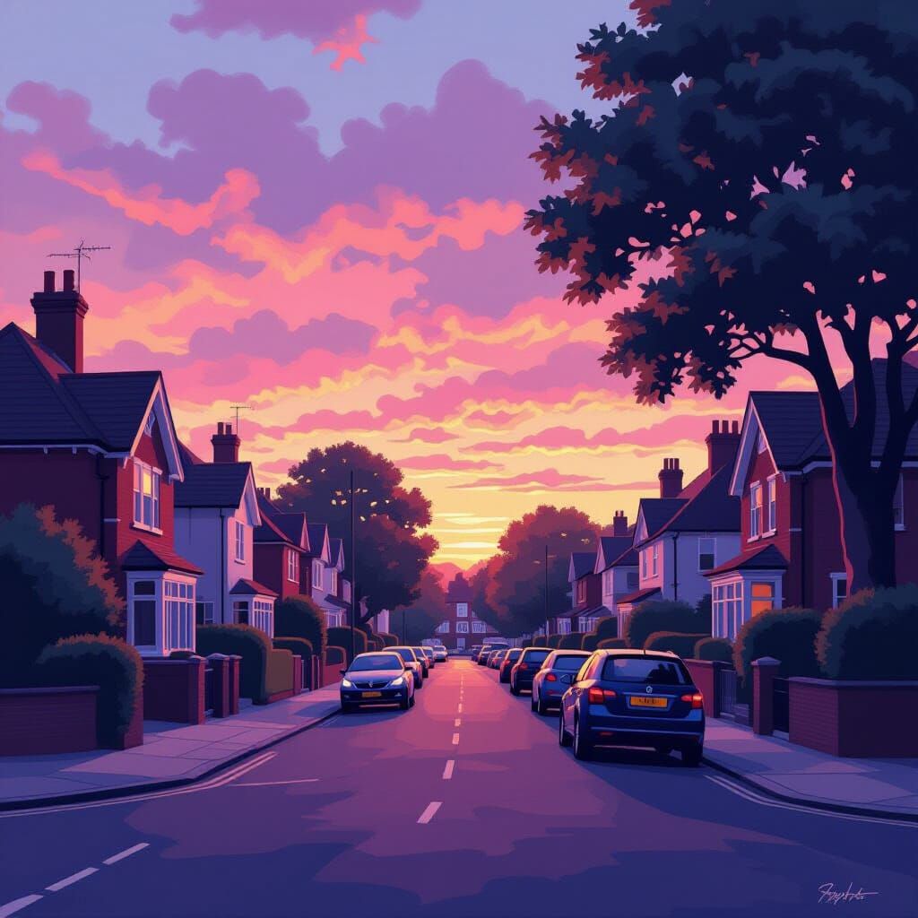 Sunset Over Quiet British Street in Pink and Orange Hues