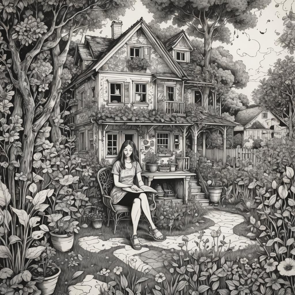 Intricate Ink Doodle of Woman in Cozy House