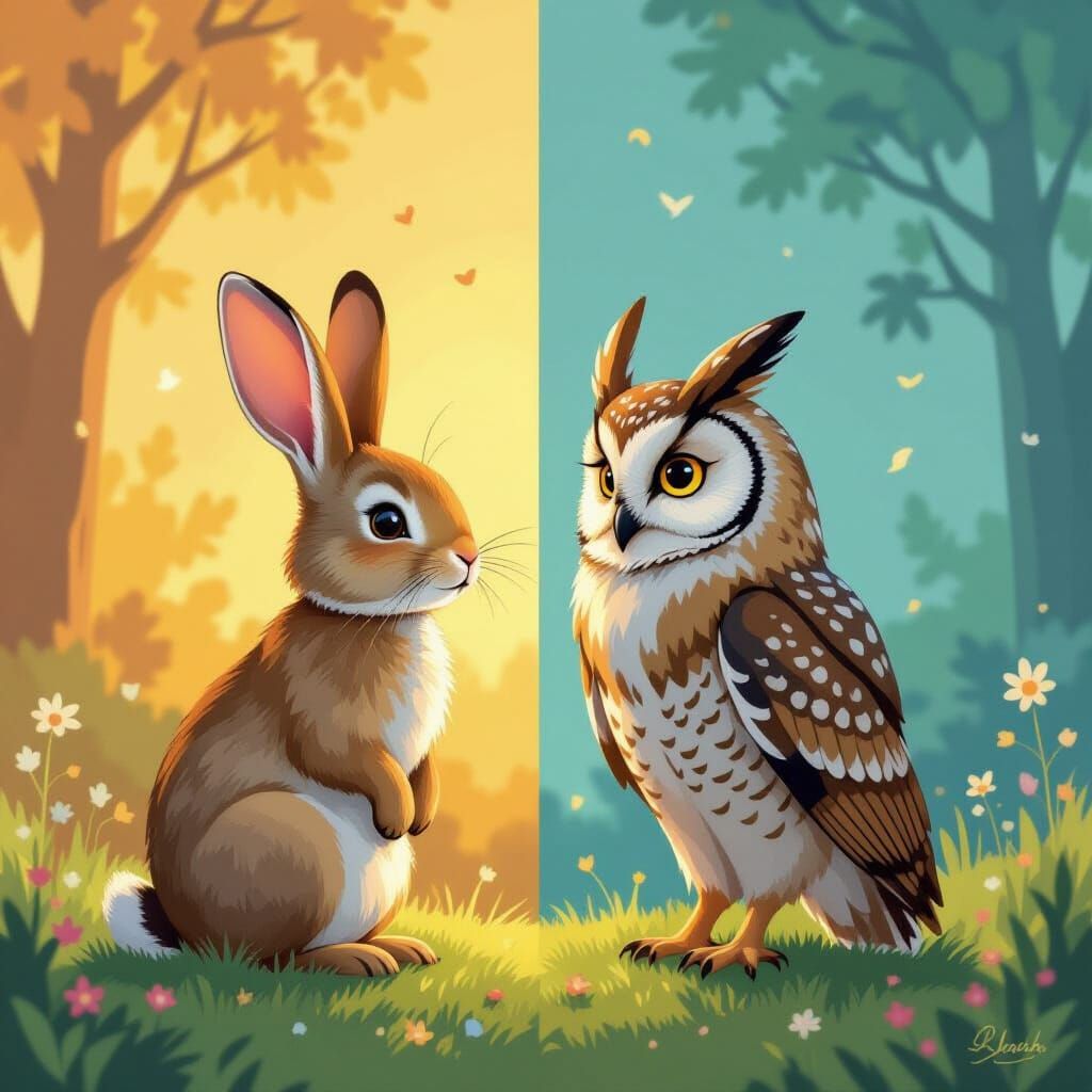 Rabbit and Owl Friends in Dual-Tone Landscape