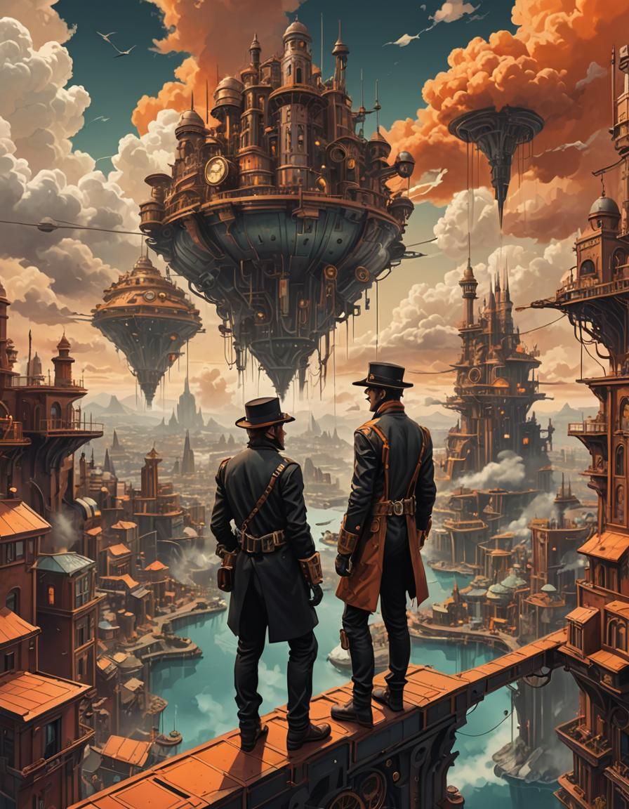 a steampunk floating castle