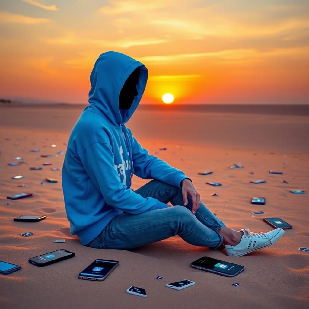 Surrealist Woman Surrounded by Shattered Social Media in a D...