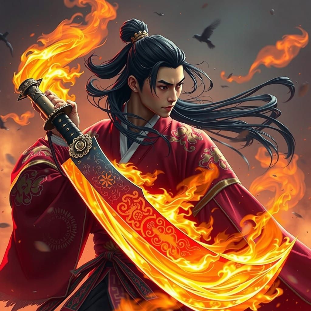 Stoic Warrior Ignites Fiery Blade in Traditional Korean Hanb...
