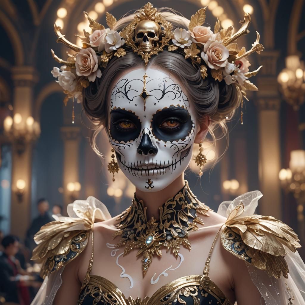 beautiful Day of The Dead queen in a ballroom dress