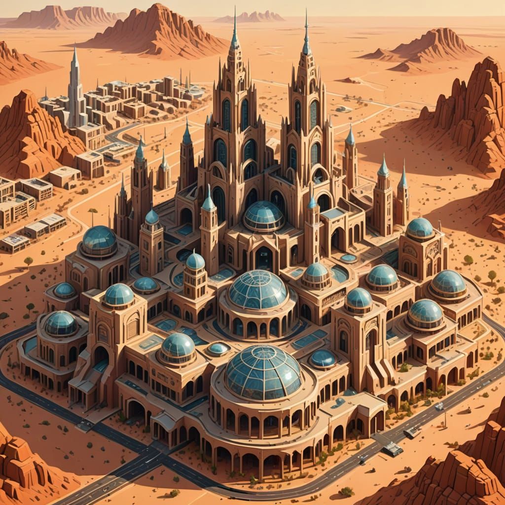 Isometric View of a Futuristic Desert Mega-Structure