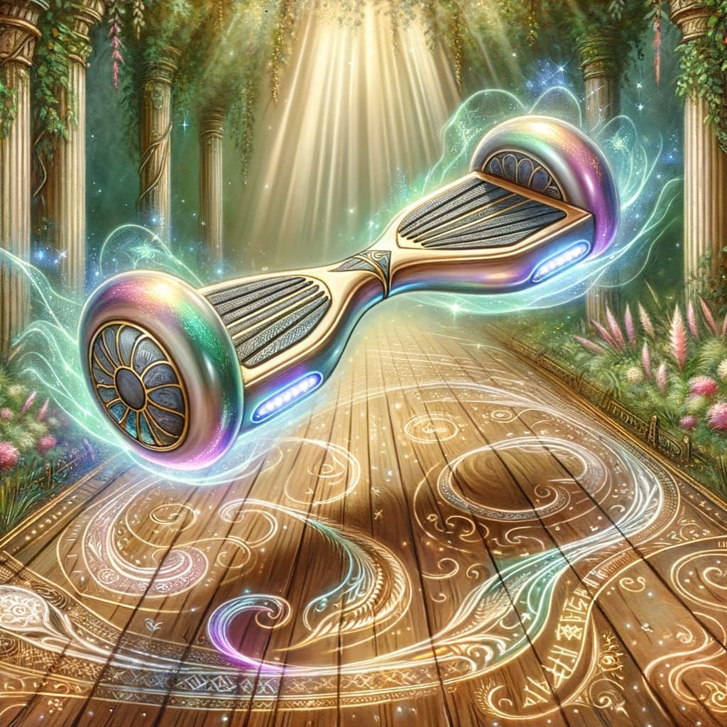 Enchanted Hoverboard Over Fantasy Garden Illustration