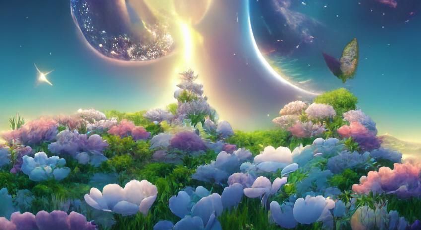 Iridescent Fantasy Landscape with Luminous Sun