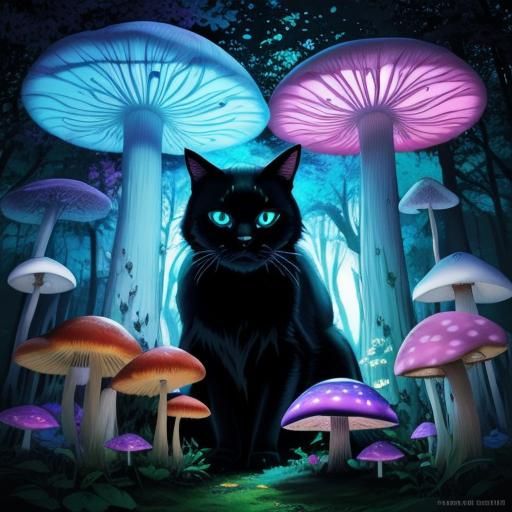 Anime Black Cat with Fluorescent Forest Fur