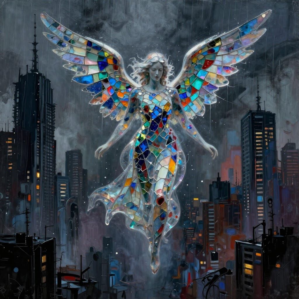 Angel of Shattered Glass Descends on Dystopian City