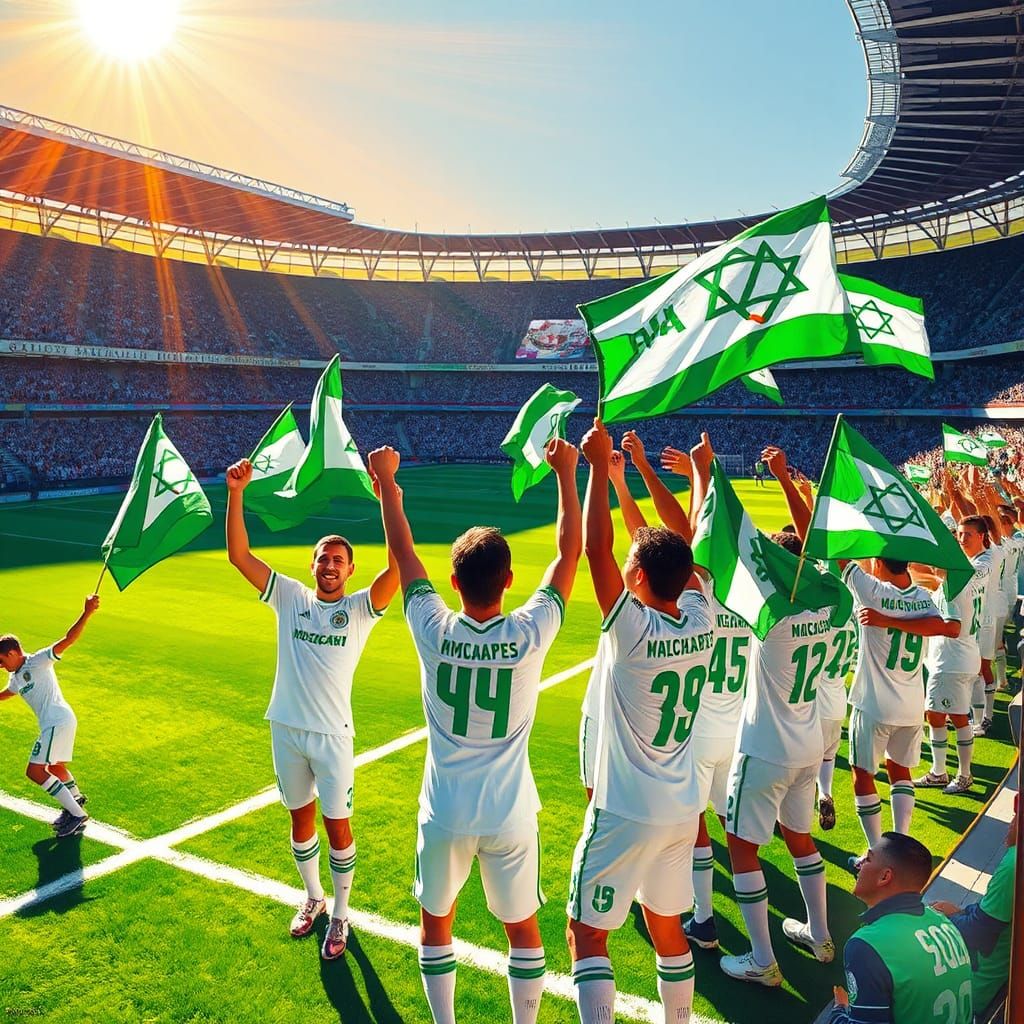 Soccer Players Raise Flags in Sunlit Stadium
