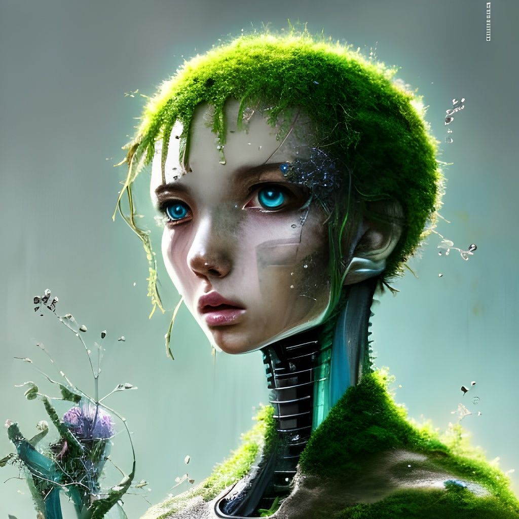 Mossy Robot by a Pool: Watercolour Photoillustration