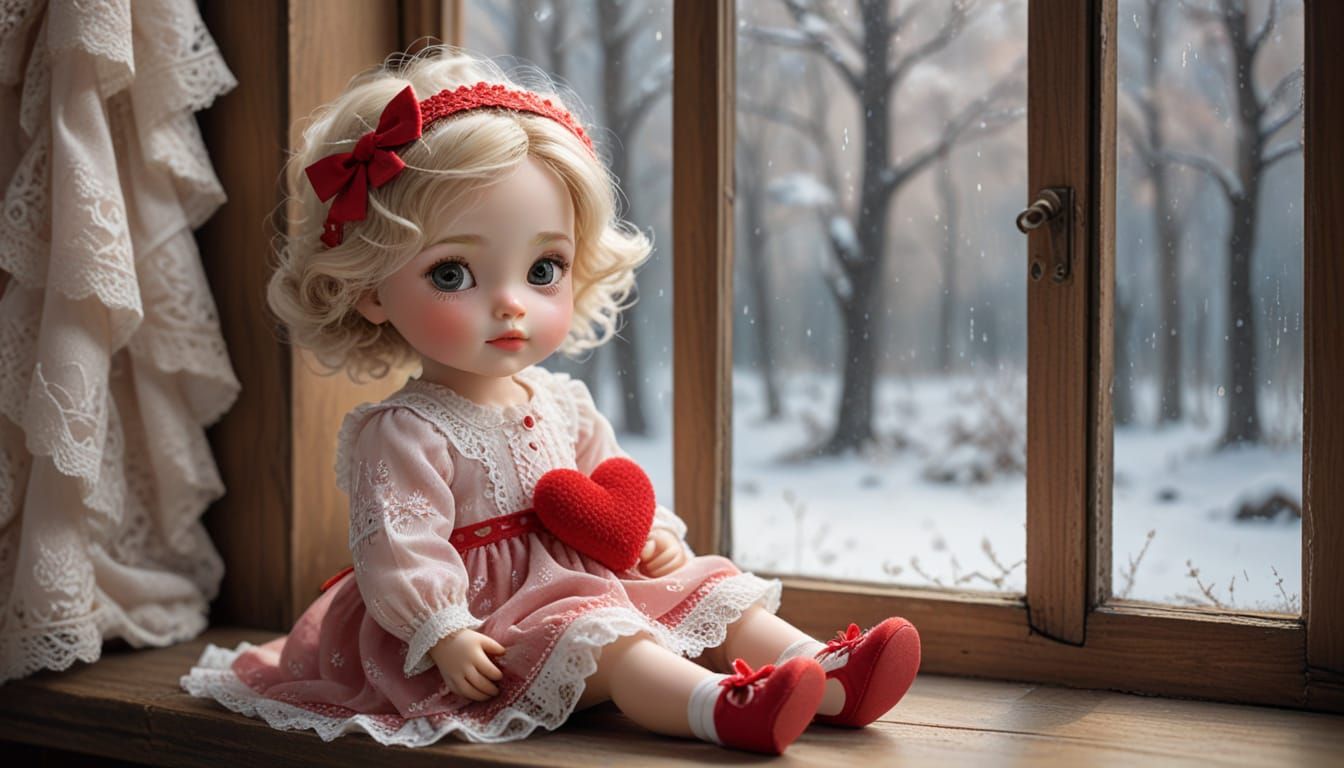 Cute Baby with Red Bows in Winter Scene