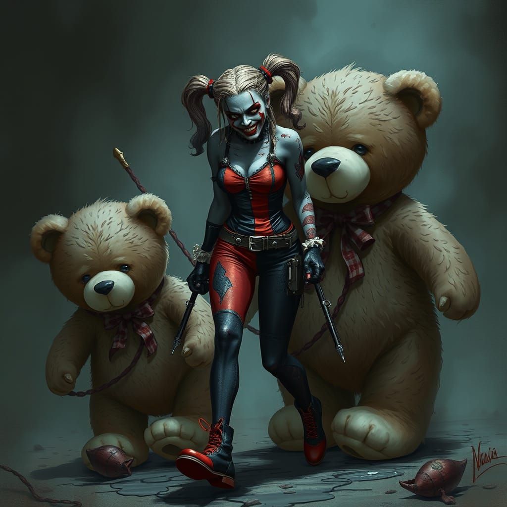 Zombie Harley Quinn Walks Teddy Bear, Dark Fantasy Art