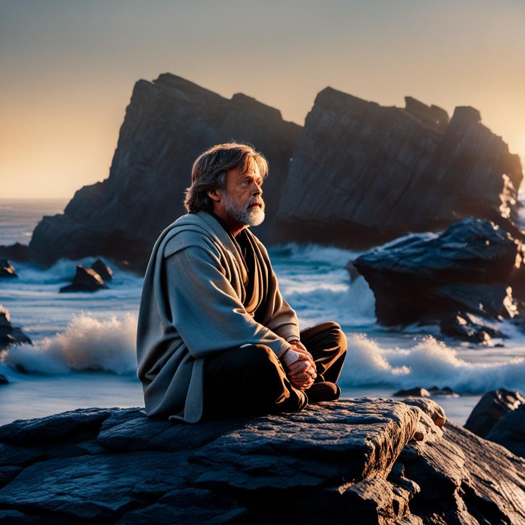 Luke Skywalker Meditates in Sunset: Hyper-Realistic Photogra...