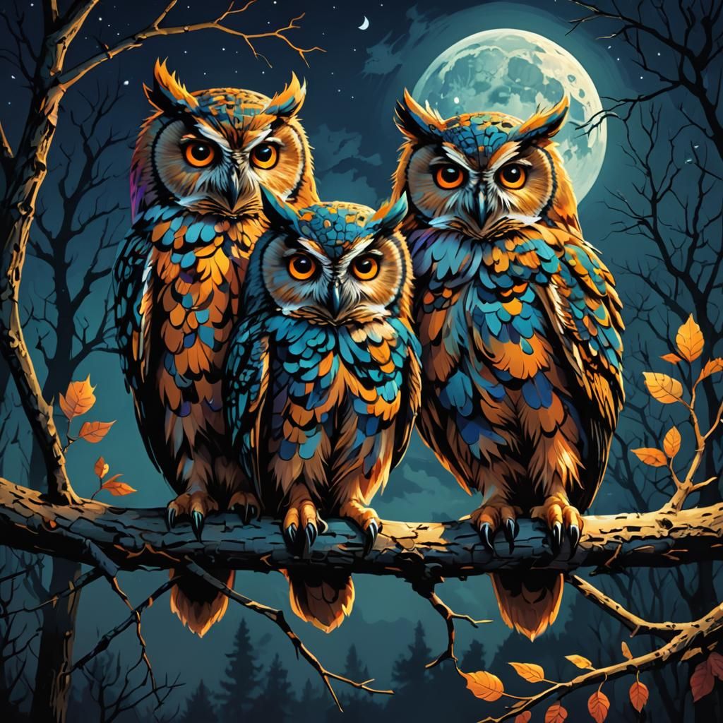 Colorful Owls on Branch in Sinister Moonlight