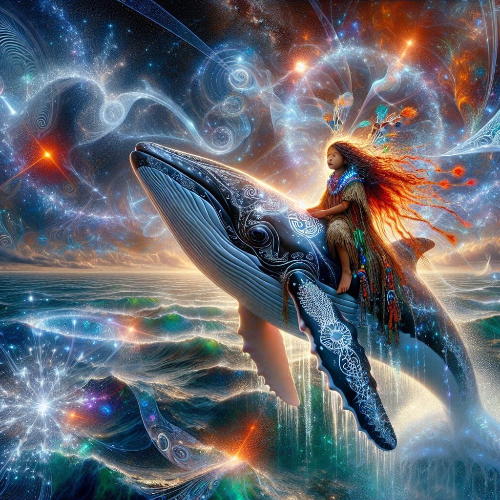Young Maori Girl Rides Radiant Pacific Whale in Cyberpunk Fa...