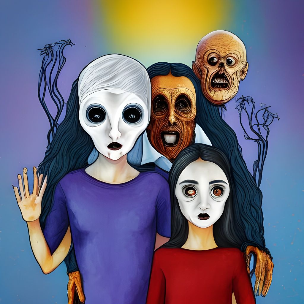 Nightmarish Family Portrait in Cosmic Horror Style