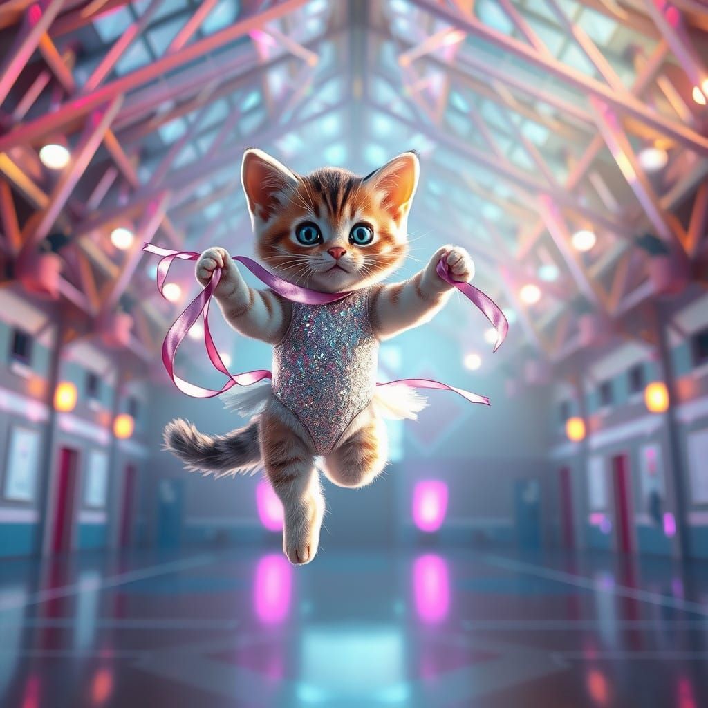 Whimsical Kitten in Futuristic Gymnasium