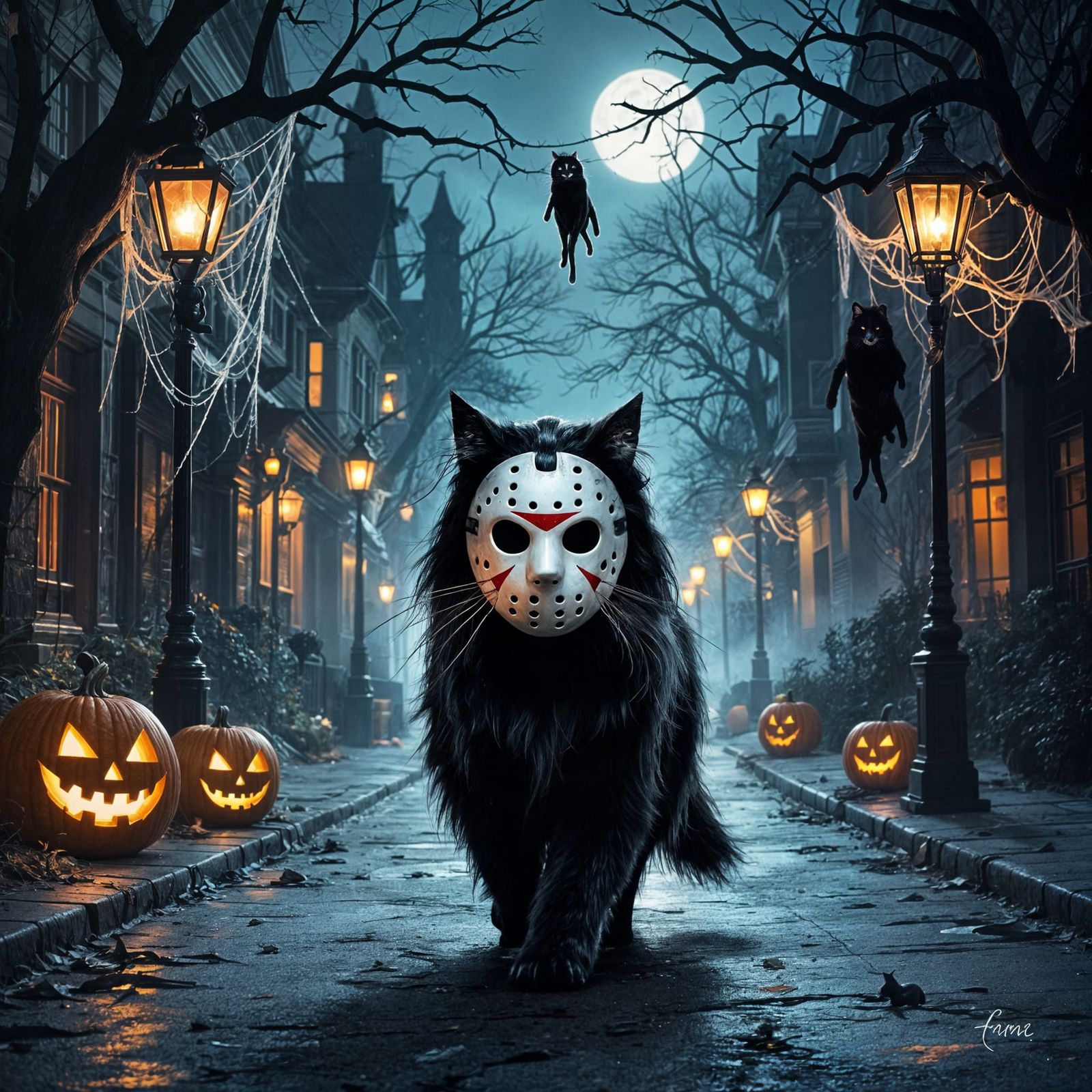 Creepy Halloween Cat Wearing Jason Mask at Night