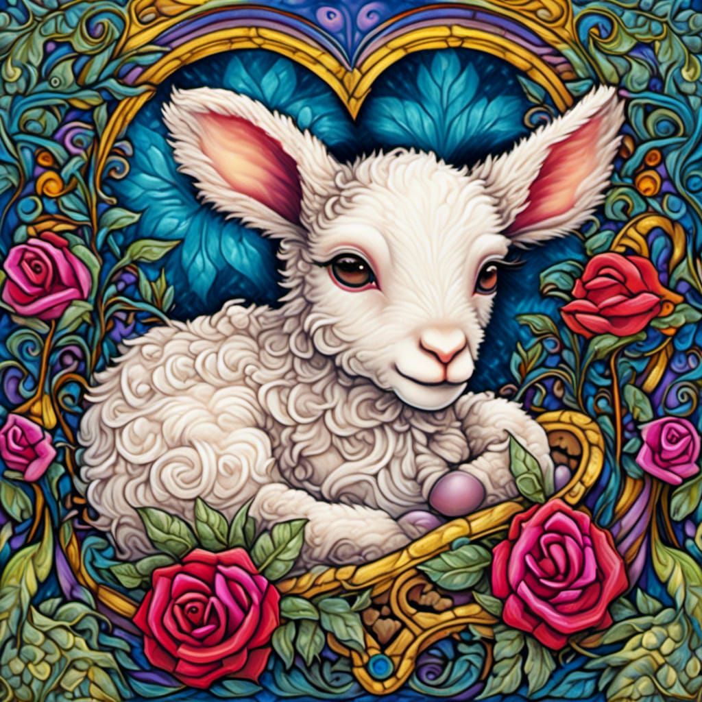 Cute Lamb Asleep with Heart and Roses