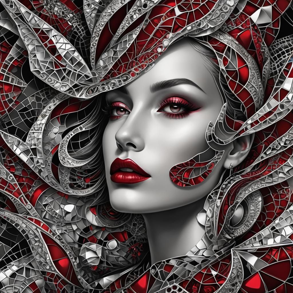 Glamorous Red Lips in Abstract Digital Art