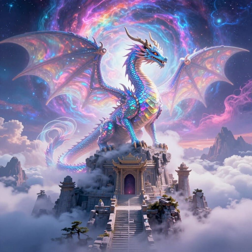 Dreamcore Dragon Guards Ancient Temple on Cloud Mountain