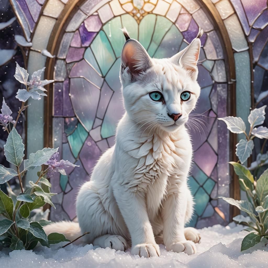 White Caracal Kitten in a Stained Glass Winter Wonderland