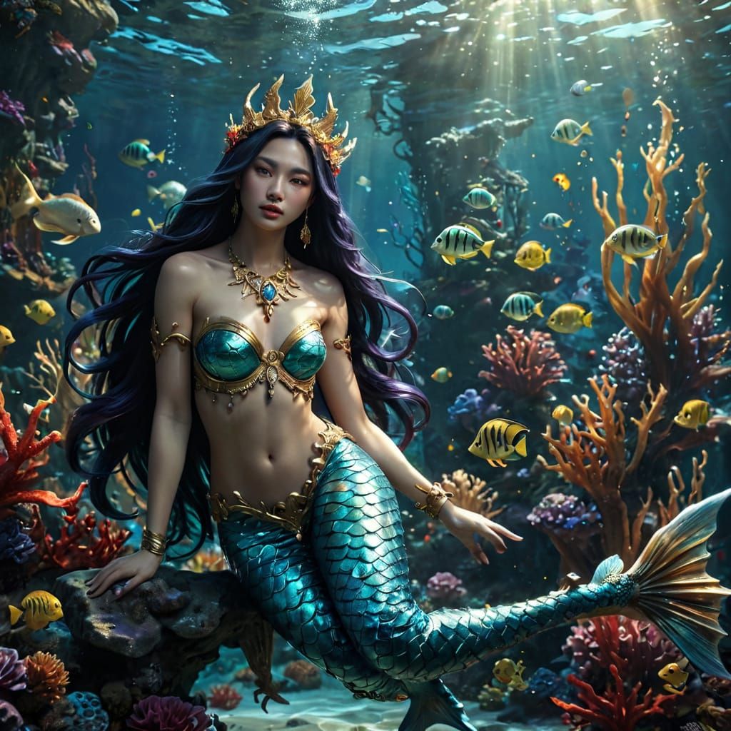 Handsome Merman in Exquisite, Iridescent Tail, Underwater Sc...
