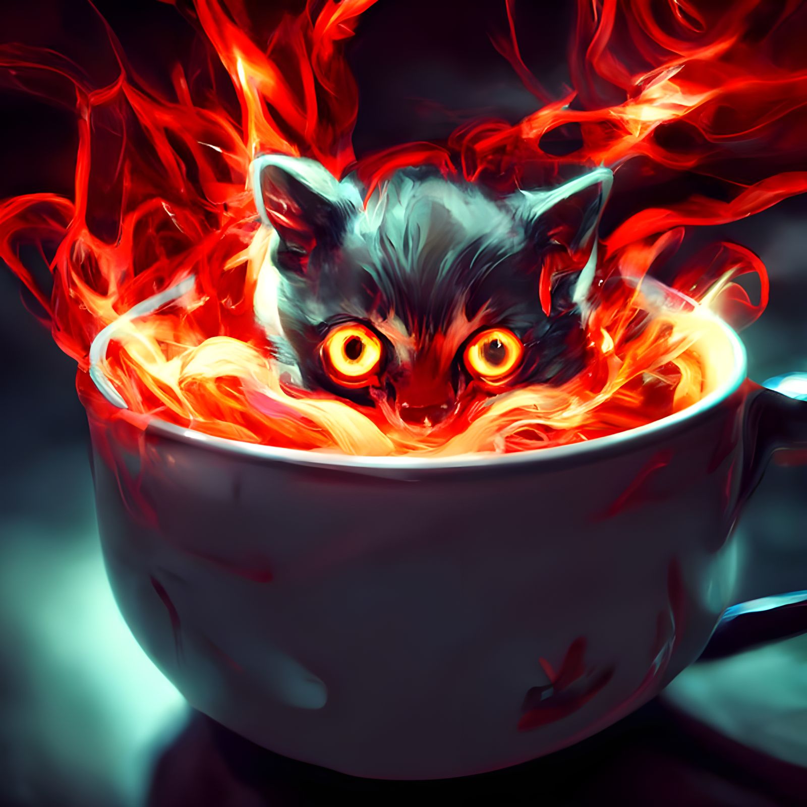 Fiery Teacup Kitten: Digital Illustration in Vibrant Colors