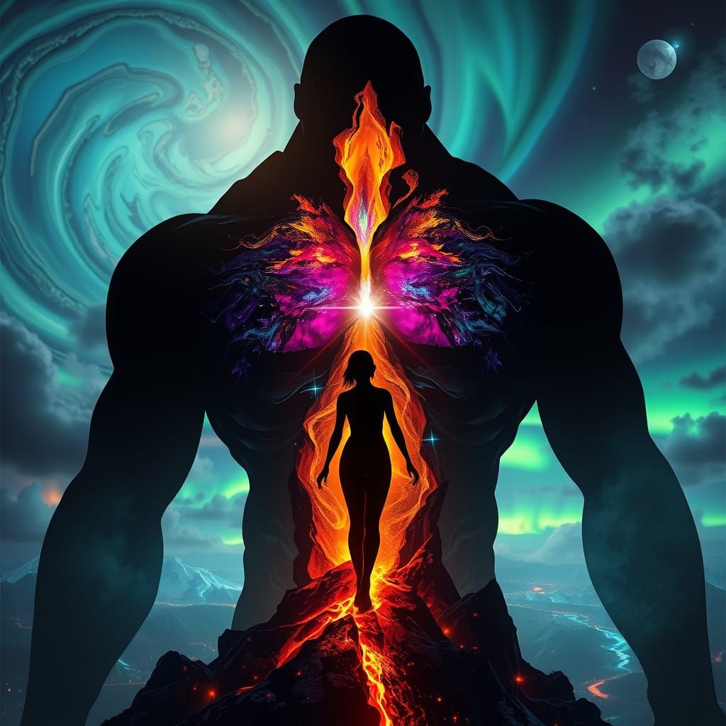 Surreal Chiaroscuro Landscape with Iridescent Shadows and Ra...