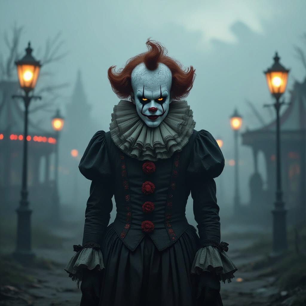 Creepy Victorian Clown in Foggy Carnival