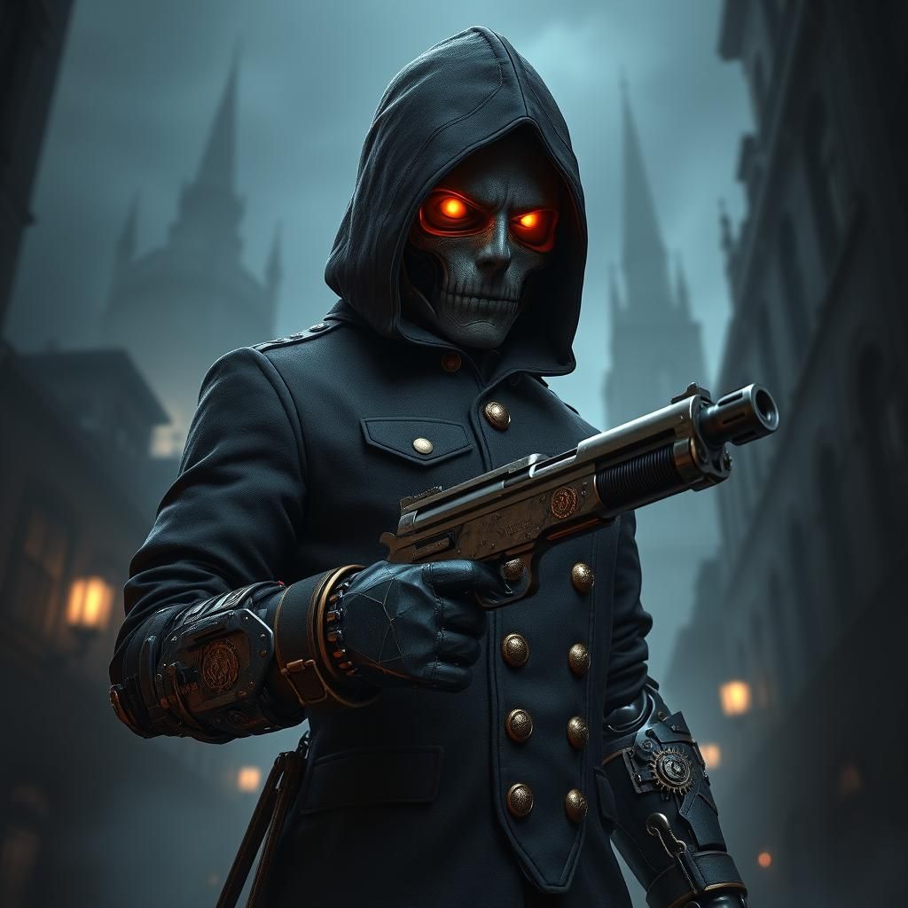 Steampunk Soldier Emerges from Foggy Cityscape